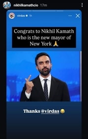 The lighthearted exchange between the two came after Zohran Mamdani won the New York mayoral primary. (Instagram/nikhilkamathcio) The lighthearted exchange between the two came after Zohran Mamdani won the New York mayoral primary. (Instagram/nikhilkamathcio)