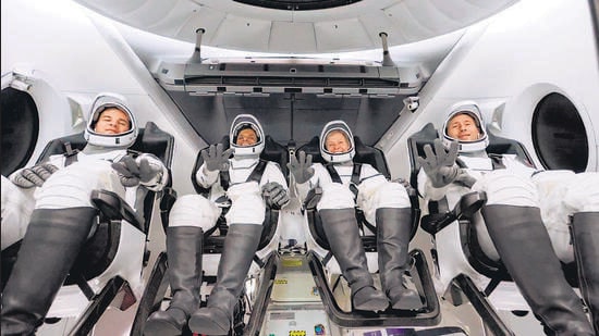 (Above) IAF Group Captain Shubhanshu Shukla (second from left) with his three crewmates — veteran US astronaut and commander Peggy Whitson, Polish engineer Sławosz Uznański and Hungarian researcher Tibor Kapu— aboard SpaceX’s Dragon spacecraft on Wednesday. (Right) The Falcon 9 rocket carrying the Axiom-4 crew lifts off from Kennedy Space Center, Florida. (Space-X)