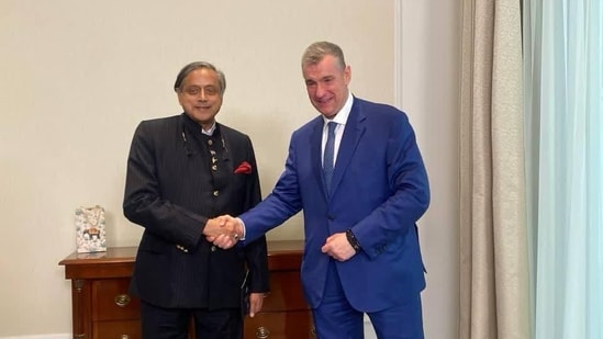 Congress MP Shashi Tharoor met with Russian Liberal Democratic Party chair Leonid Slutsky (R) in Moscow. (X/@RT_India_news)