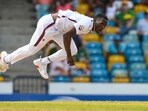 Shamar Joseph of West Indies bowls during the first day of the 1st test match against Australia at Kensington Oval, Bridgetown, Barbados