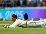 India's Yashasvi Jaiswal misses a catch.