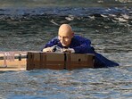 A mannequin resembling Jeff Bezos floats in a canal in Venice, Italy, on Tuesday, June 24, 2025, ahead of festivities in the lagoon city reportedly linked to a wedding celebration for Jeff Bezos and Lauren Sánchez. 