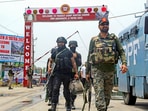 Jammu and Kashmir Police Special Operation Group (SOG) personnel during a mock drill on coordination and emergency response, ahead of the annual Amarnath Yatra, at a transit camp at Pantha Chowk, on the outskirts of Srinagar on Wednesday. 