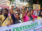 Members of Malayalam film fraternity staged many protests after the release of the Hema committee report in 2024. (PTI Photo)(PTI)