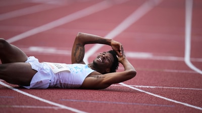 Chris Robinson, of the United States, reacts after falling past the finish line to win the men 400 meters hurdles during the Ostrava Golden Spike athletics meet in Ostrava, Czech Republic, Tuesday, June 24, 2025 (AP) Chris Robinson, of the United States, reacts after falling past the finish line to win the men 400 meters hurdles during the Ostrava Golden Spike athletics meet in Ostrava, Czech Republic, Tuesday, June 24, 2025 (AP)