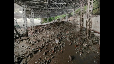 Debris at the site after fresh landslide triggered by rains blocked the new track to Mata Vaishno Devi shrine atop Trikuta hills, in Reasi district of Jammu and Kashmir on Thursday. (PTI) Debris at the site after fresh landslide triggered by rains blocked the new track to Mata Vaishno Devi shrine atop Trikuta hills, in Reasi district of Jammu and Kashmir on Thursday. (PTI)