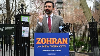 New York City mayoral candidate and Democratic State Representative Zohran Mamdani campaigns in New York City on April 16, 2025. (Photo by ANGELA WEISS / AFP) (AFP)