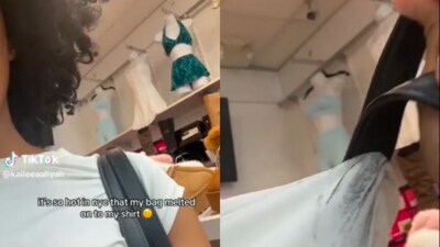 A woman’s melted bag clings to her shirt as NYC heatwave pushes temperatures to 99°F. (Screengrab TikTok/@kaileelaayiah) A woman’s melted bag clings to her shirt as NYC heatwave pushes temperatures to 99°F. (Screengrab TikTok/@kaileelaayiah)