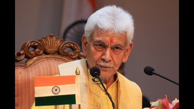 Jammu and Kashmir lieutenant governor Manoj Sinha addressing a press conference in Srinagar on Thursday. (ANI)