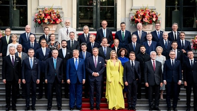 President Donald Trump, along with the King Willem-Alexander and Queen Maxima of the Netherlands, poses for a family photo as he participates in the 2025 NATO summit in The Hague, on Tuesday, June 24, 2025. Haiyun Jiang/Pool via REUTERS (via REUTERS)