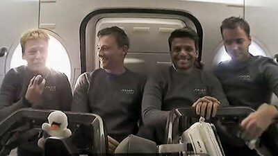**EDS: SCREENSHOT VIA YT/AXIOM SPACE** The Axiom Mission 4 (Ax-4) crew seen during their first in-flight event at 01:47 AM EDT, after the successful launch. (Axiom Space/YT) **EDS: SCREENSHOT VIA YT/AXIOM SPACE** The Axiom Mission 4 (Ax-4) crew seen during their first in-flight event at 01:47 AM EDT, after the successful launch. (Axiom Space/YT)