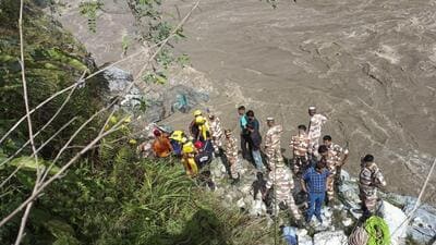 Rudraprayag: Rescue operation underway after a 31-seater bus carrying Char Dham pilgrims fell into the Alaknanda River, in Rudraprayag district, Uttarakhand on June 26 (PTI)
