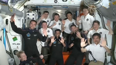 This screen grab from a NASA+ broadcast on June 26, 2025, shows the Axiom Mission 4 crew inside the International Space Station's Harmony module. (AFP) This screen grab from a NASA+ broadcast on June 26, 2025, shows the Axiom Mission 4 crew inside the International Space Station's Harmony module. (AFP)