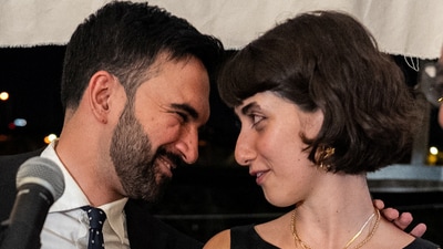 Zohran Mamdani and his wife, Rama Duwaji, look into each other's eyes during a watch party for his primary election, which includes his bid to become the Democratic candidate for New York City mayor in the upcoming November 2025 election, in New York City, U.S., June 25, 2025. (Reuters)