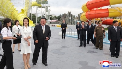 North Korean leader Kim Jong Un, his daughter Kim Ju Ae and his wife Ri Sol Ju visiting the Wonsan Kalma coastal tourist area in Kangwon Province. (AFP) North Korean leader Kim Jong Un, his daughter Kim Ju Ae and his wife Ri Sol Ju visiting the Wonsan Kalma coastal tourist area in Kangwon Province. (AFP)