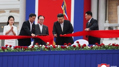 Kim Jong Un cutting the ribbon at the inaugural ceremony of the Wonsan Kalma coastal tourist area. (AFP) Kim Jong Un cutting the ribbon at the inaugural ceremony of the Wonsan Kalma coastal tourist area. (AFP)