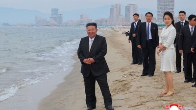 North Korean leader Kim Jong Un and his daughter Kim Ju Ae visiting the Wonsan Kalma coastal tourist area in Kangwon Province. (AFP) North Korean leader Kim Jong Un and his daughter Kim Ju Ae visiting the Wonsan Kalma coastal tourist area in Kangwon Province. (AFP)