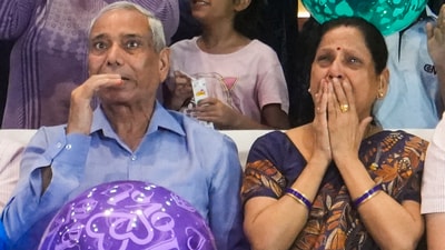 Indian astronaut Shubhanshu Shukla's parents Shambhu Shukla and Asha Shukla react as they watch the live broadcast of Axiom 4 space mission in Lucknow. (PTI) Indian astronaut Shubhanshu Shukla's parents Shambhu Shukla and Asha Shukla react as they watch the live broadcast of Axiom 4 space mission in Lucknow. (PTI)