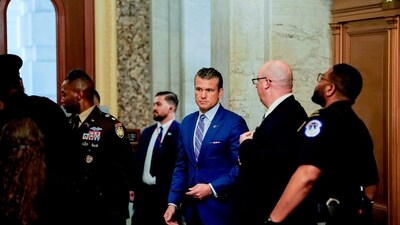 Pete Hegseth, US Secretary of Defence, centre, arrives for a briefing at the US Capitol in Washington, DC, US, on Thursday, June 26, 2025. (Bloomberg) Pete Hegseth, US Secretary of Defence, centre, arrives for a briefing at the US Capitol in Washington, DC, US, on Thursday, June 26, 2025. (Bloomberg)