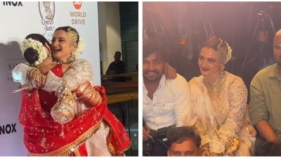 Rekha gave a tight hug to Tabu at the screening of Umrao Jaan. Rekha gave a tight hug to Tabu at the screening of Umrao Jaan.
