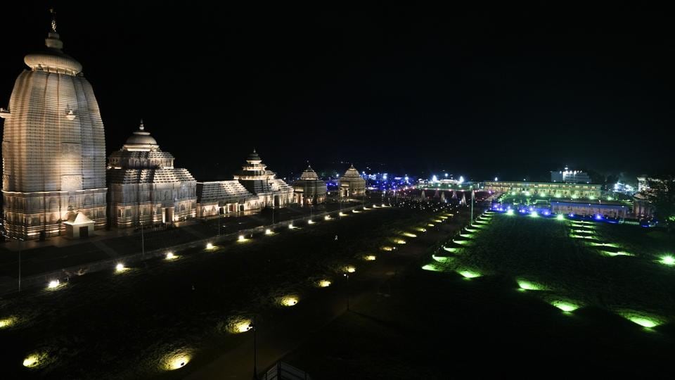 Illuminated premises of the Jagannath Temple on the eve of the annual ‘Rath Yatra’ festival, at Digha, in Purba Medinipur district, (PTI)