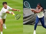 Carlos Alcaraz and Coco Gauff during their respective Wimbledon training sessions.