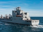In this image provided by the U.S. Navy, the John Lewis-class replenishment oiler USNS Harvey Milk (T-AO-206) conducts a replenishment at sea in the Atlantic Ocean, Dec. 13, 2024. 