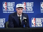 Cooper Flagg of the Dallas Mavericks speaks to the media after being drafted first overall. Cooper Flagg of the Dallas Mavericks speaks to the media after being drafted first overall.
