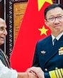 Defence minister Rajnath Singh meets Chinese defence minister Admiral Dong Jun on sidelines of SCO Defence Ministers’ Meeting, in Qingdao on Thursday. (ANI)