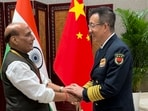 Defence Minister Rajnath Singh with China's Admiral Don Jun. (Source: X/@rajnathsingh)