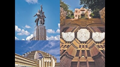 (Clockwise from top left) The Worker and Kolkhoz Woman sculpture in Moscow; the Visalam Chettinad mansion-turned-hotel in Tamil Nadu; Hoechst Dyeworks in Frankfurt, Germany; and Central Market in Phnom Penh, Cambodia. (Images: Adobe Stock, Art Deco by Norbert Wolf) (Clockwise from top left) The Worker and Kolkhoz Woman sculpture in Moscow; the Visalam Chettinad mansion-turned-hotel in Tamil Nadu; Hoechst Dyeworks in Frankfurt, Germany; and Central Market in Phnom Penh, Cambodia. (Images: Adobe Stock, Art Deco by Norbert Wolf)