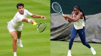 Carlos Alcaraz and Coco Gauff during their respective Wimbledon training sessions. Carlos Alcaraz and Coco Gauff during their respective Wimbledon training sessions.