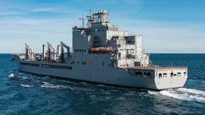 In this image provided by the U.S. Navy, the John Lewis-class replenishment oiler USNS Harvey Milk (T-AO-206) conducts a replenishment at sea in the Atlantic Ocean, Dec. 13, 2024. (AP)