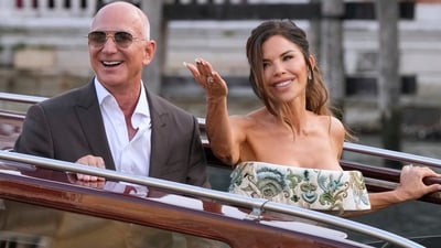 Bezos and Sanchez were spotted enjoying a water taxi ride in Venice on Thursday. (AP) Bezos and Sanchez were spotted enjoying a water taxi ride in Venice on Thursday. (AP)