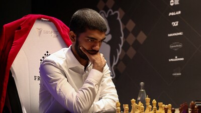 Chess grandmaster and World Champion Gukesh Dommaraju competes during of the Freestyle Chess Grand Slam Tour in Paris. (REUTERS)
