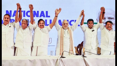 Chennai: Union Home Minister Amit Shah with AIADMK general secretary Edappadi K Palaniswami, Tamil Nadu BJP President K Annamalai and others during a press conference, in Chennai, Friday, April 11, 2025. (PTI) Chennai: Union Home Minister Amit Shah with AIADMK general secretary Edappadi K Palaniswami, Tamil Nadu BJP President K Annamalai and others during a press conference, in Chennai, Friday, April 11, 2025. (PTI)