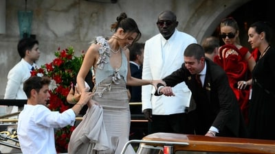 Vittoria Ceretti (C), Edward Enninful and Natasha Poonawalla (2ndR) leave the Gritti Palace Hotel ahead of the wedding of Amazon's founder Jeff Bezos with Lauren Sanchez in Venice on June 26, 2026. (AFP) Vittoria Ceretti (C), Edward Enninful and Natasha Poonawalla (2ndR) leave the Gritti Palace Hotel ahead of the wedding of Amazon's founder Jeff Bezos with Lauren Sanchez in Venice on June 26, 2026. (AFP)