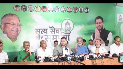 Leader of Opposition and RJD leader Tejashwi Yadav with Bihar Congress president Rajesh Ram, Congress leader Pawan Khera, CPI-ML general secretary Dipankar Bhattacharya and others at a joint press conference of Grand Alliance ahead of Bihar Assembly election 2025 at Polo Road in Patna on Friday. (Santosh Kumar/HT) Leader of Opposition and RJD leader Tejashwi Yadav with Bihar Congress president Rajesh Ram, Congress leader Pawan Khera, CPI-ML general secretary Dipankar Bhattacharya and others at a joint press conference of Grand Alliance ahead of Bihar Assembly election 2025 at Polo Road in Patna on Friday. (Santosh Kumar/HT)