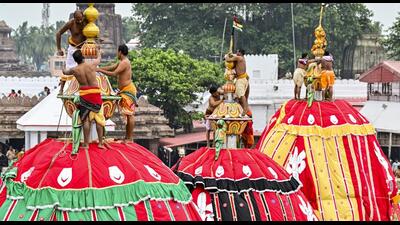 The chariots of Lord Jagannath, Balabhadra and Devi Subhadra ahead of the Rath Yatra in Puri. (PTI)
