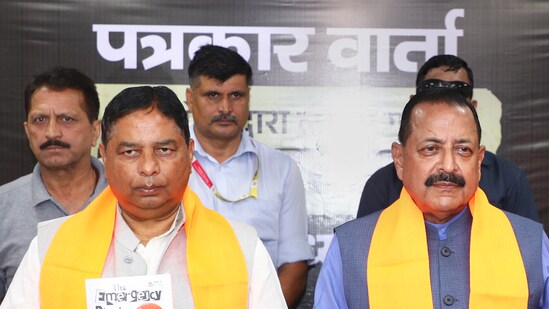 Union Minister Jitendra Singh, Jammu and Kashmir BJP President Sat Sharma and others during the release of a book at the party office, in Jammu, Friday, June 27, 2025. (PTI)