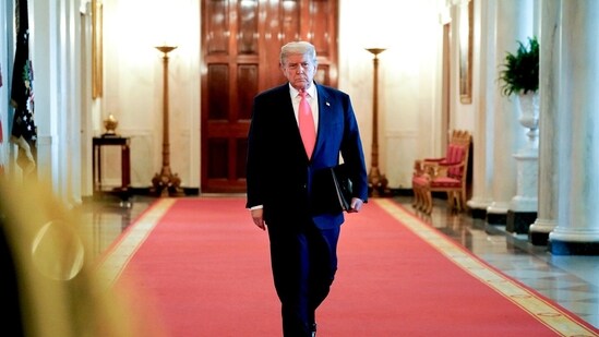US President Donald Trump arrives to speak in the East Room of the White House in Washington, DC, US, on Thursday, June 26, 2025. (Bloomberg)