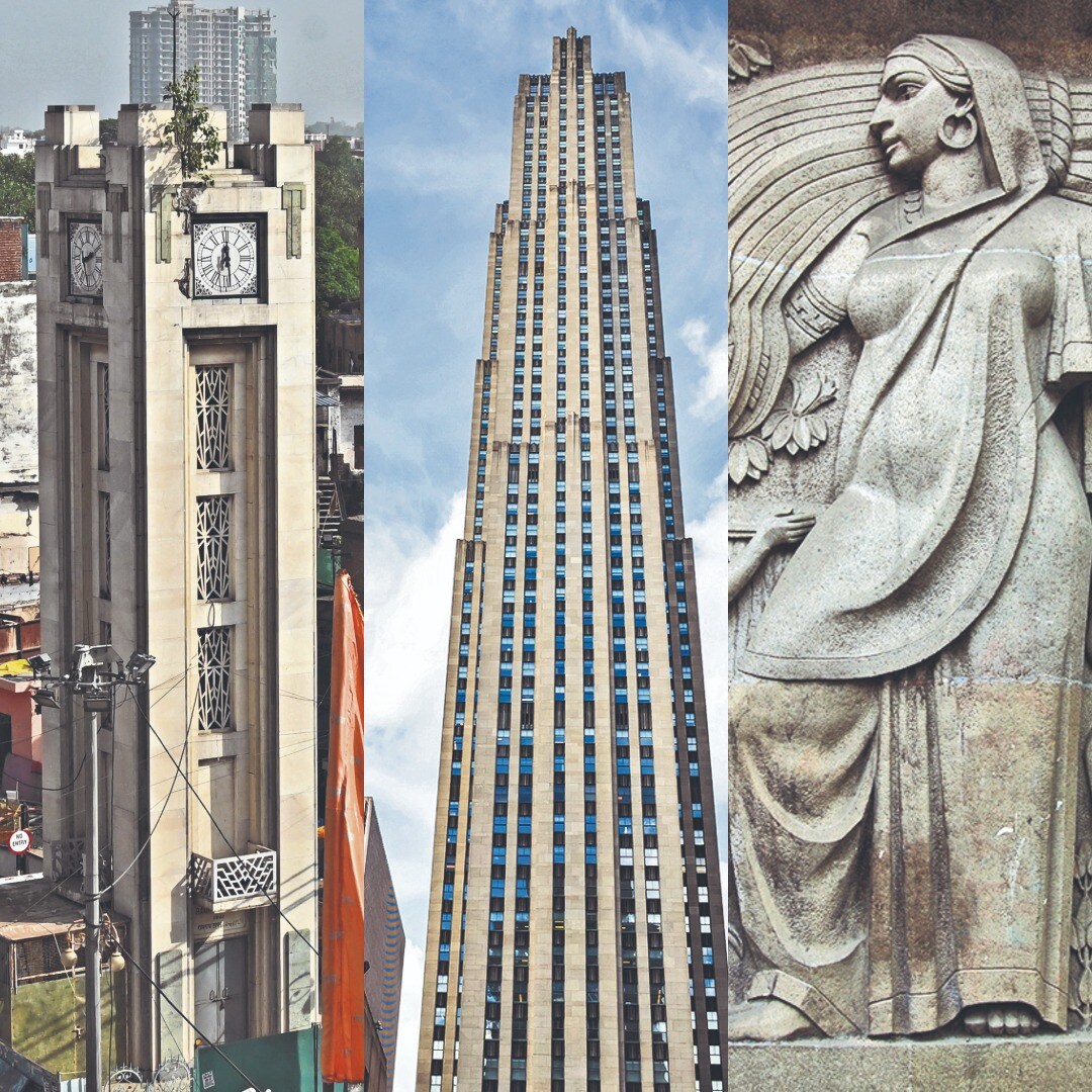 (From left) The Sabzi Mandi clock tower in Delhi; Rockefeller Center in New York City; a frieze at the New India Assurance Building in Mumbai. (Images: HT Archives, Shutterstock, Adobe Stock) (From left) The Sabzi Mandi clock tower in Delhi; Rockefeller Center in New York City; a frieze at the New India Assurance Building in Mumbai. (Images: HT Archives, Shutterstock, Adobe Stock)