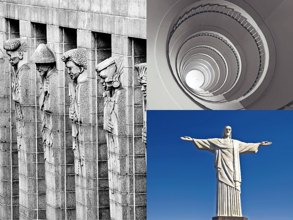 (Clockwise) Nine tribal figures at Mutual Heights Building, Cape Town, South Africa; the spiral staircase at Nebotičnik building in Ljubljana, Slovenia; the Christ the Redeemer statue in Rio de Janeiro, Brazil. (Images: Wikimedia Commons, Adobe Stock) (Clockwise) Nine tribal figures at Mutual Heights Building, Cape Town, South Africa; the spiral staircase at Nebotičnik building in Ljubljana, Slovenia; the Christ the Redeemer statue in Rio de Janeiro, Brazil. (Images: Wikimedia Commons, Adobe Stock)