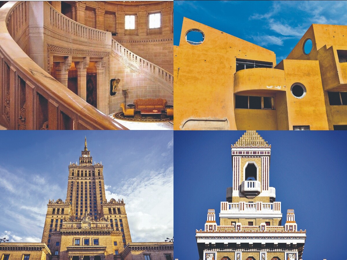 (Clockwise from top left) At the Umaid Bhawan Palace in Jodhpur; an abandoned bank in Tombua, Angola; the Bacardi Building in Havana, Cuba; the Palace of Culture and Science in Warsaw, Poland. (Images: Adobe Stock, Getty Images) (Clockwise from top left) At the Umaid Bhawan Palace in Jodhpur; an abandoned bank in Tombua, Angola; the Bacardi Building in Havana, Cuba; the Palace of Culture and Science in Warsaw, Poland. (Images: Adobe Stock, Getty Images)