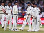 India celebrate a wicket against England in the first Test. India celebrate a wicket against England in the first Test.