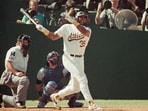 Oakland Athletics' Dave Parker (39) watches the ball fly over the right center field wall for a sixth inning solo home run in Game 2 of the American League Championship baseball series against the Toronto Blue Jays, at Oakland, Calif., Oct. 4, 1989. Oakland Athletics' Dave Parker (39) watches the ball fly over the right center field wall for a sixth inning solo home run in Game 2 of the American League Championship baseball series against the Toronto Blue Jays, at Oakland, Calif., Oct. 4, 1989.