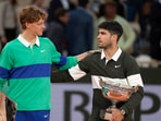 French Open; Jannik Sinner of Italy and Carlos Alcaraz of Spain pose together at the trophy presentation.
