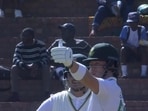 Dewald Brevis gestures after reaching his half-century vs Zimbabwe Dewald Brevis gestures after reaching his half-century vs Zimbabwe