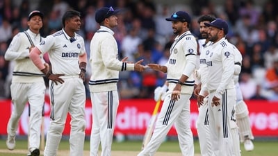 India celebrate a wicket against England in the first Test. (AP) India celebrate a wicket against England in the first Test. (AP)