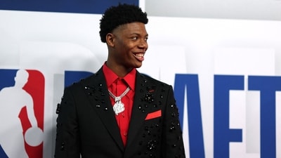 Ace Bailey poses on the red carpet prior to the first round of the 2025 NBA Draft at Barclays Center on June 25, 2025 in the Brooklyn borough of New York City. (Photo by Sarah Stier / GETTY IMAGES NORTH AMERICA / Getty Images via AFP) (Getty Images via AFP)
